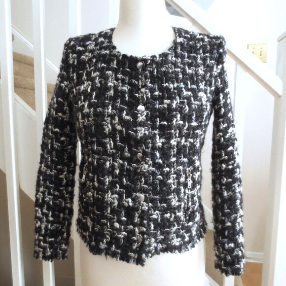 IRO Nalokie Black White Grey Wool Blend Modern Classic French Knit Moto Jacket - Picture 2 of 10